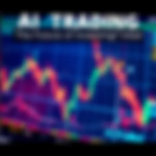 A digital graphic showing a stock market chart with AI trading bots analyzing data in the background.