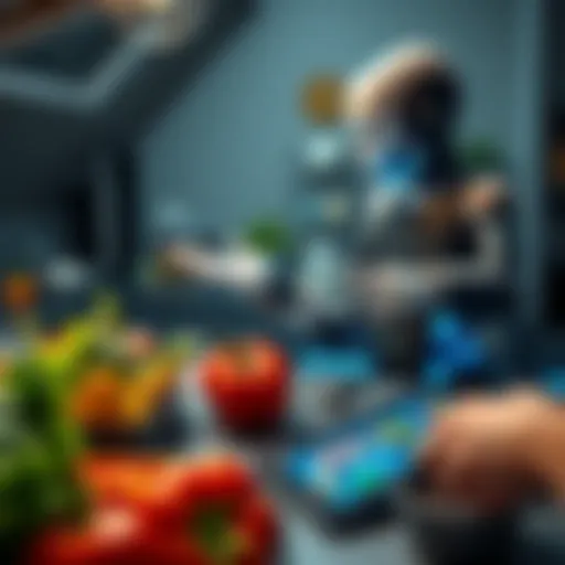 An AI assistant suggesting vegan recipes with fresh vegetables and a tablet on the kitchen counter