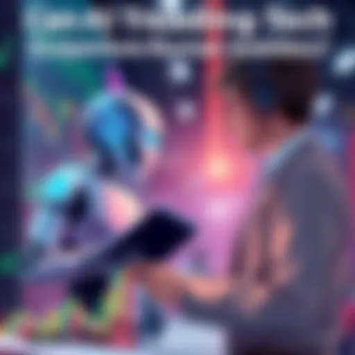 An illustration showing a robot analyzing stock charts while a human trader looks on, symbolizing the competition between AI technology and human investors in trading.