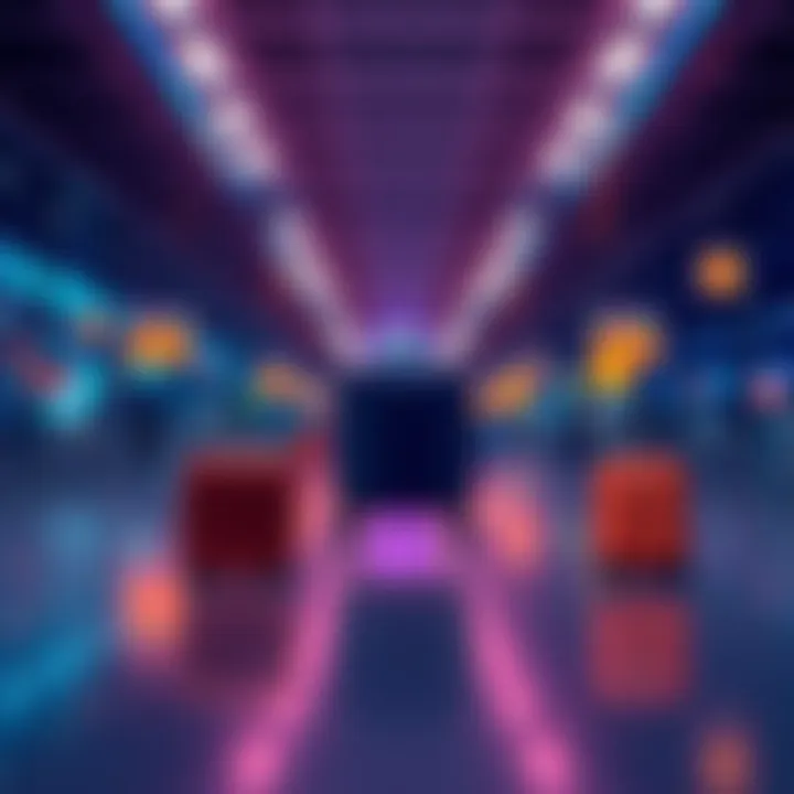 A digital representation of an airline's baggage tracking system using Solana, with bags moving through an airport and notifications on a mobile app.