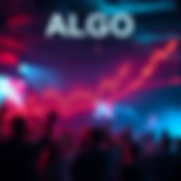 A graph showing ALGO's price action approaching the .12 resistance level with upward trends and excitement among people in the background.