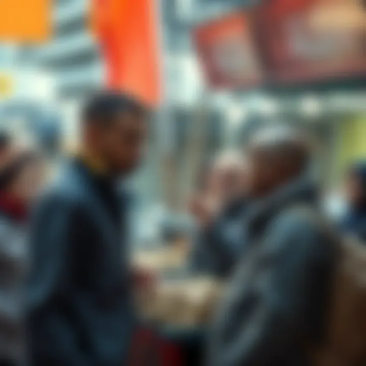 A representation of the Algorand Foundation selling ALGO, showing coins being sold at a market stall with people watching and concerned expressions.