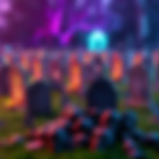 A digital graveyard scene with tombstones representing outdated NFTs, some glowing, others faded, and a pile of $SKULL tokens nearby.