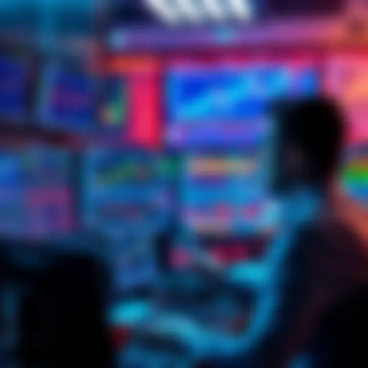 Algorithmic Trading Challenges A trader analyzing data on multiple screens with charts and algorithms, showing the complexity of algorithmic trading.