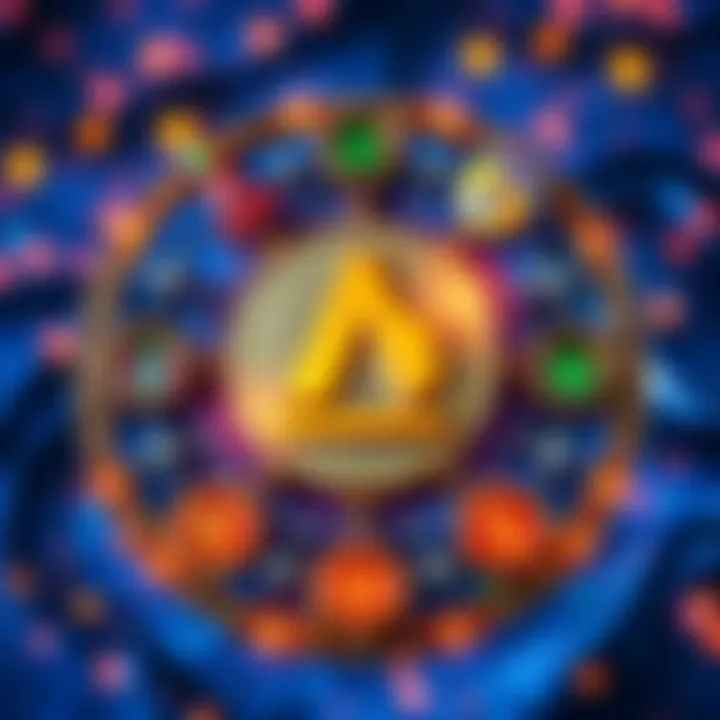 Logo of Alpha Omega Coin surrounded by symbols of spirituality and technology, representing the blend of faith and blockchain innovation.