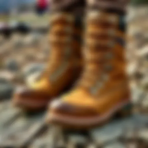 A pair of classic alpine-style hiking boots featuring D-ring eyelets and speed hooks, designed for comfort and wider feet, resting on a rocky terrain