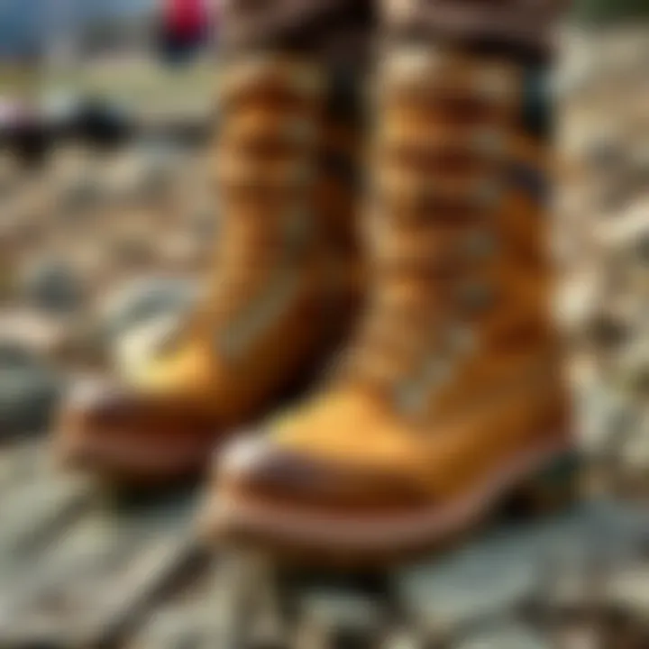 A pair of classic alpine-style hiking boots featuring D-ring eyelets and speed hooks, designed for comfort and wider feet, resting on a rocky terrain