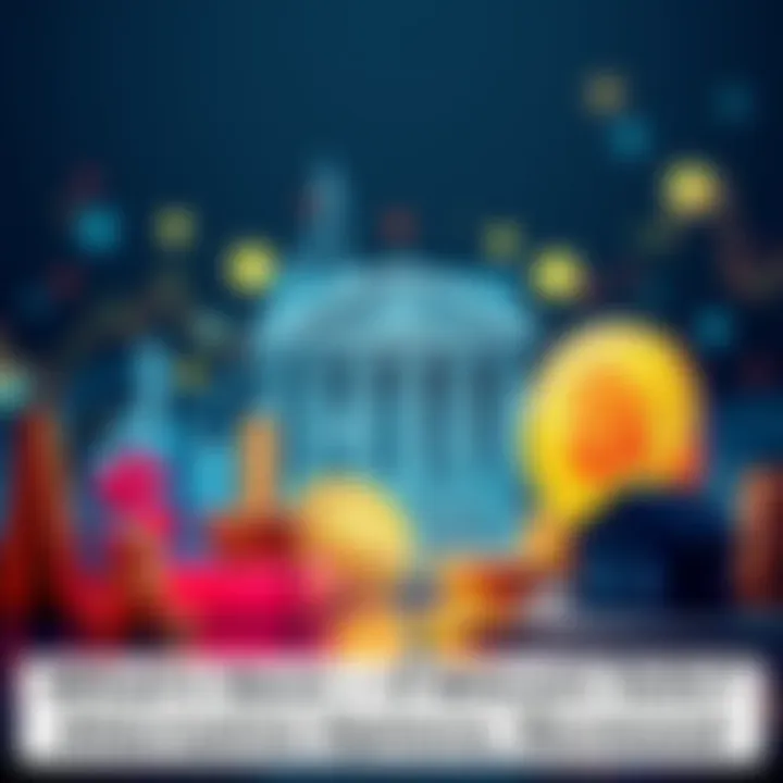 Illustration showing various financial symbols like stocks, gold, and real estate with a Bitcoin logo fading in the background