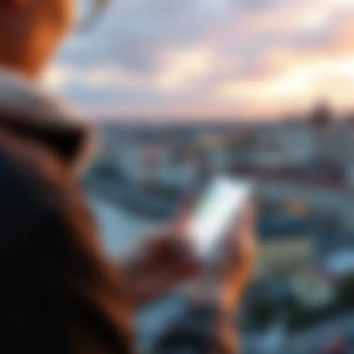 A person reviewing financial apps on a smartphone with a city skyline in the background, symbolizing expats exploring banking options in Hungary.