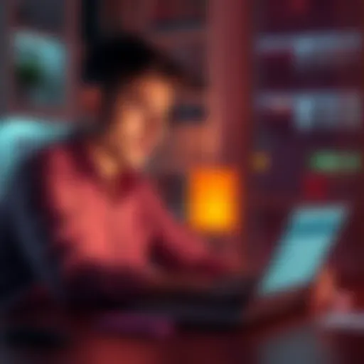 A person looking at a laptop displaying various online banking options while sitting at a desk with a concerned expression.