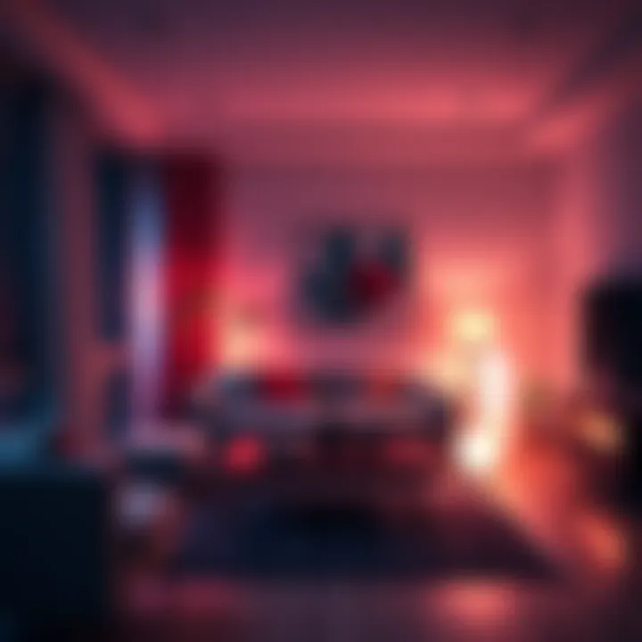 A stylish living room showcasing various ambient lights that create a cozy atmosphere