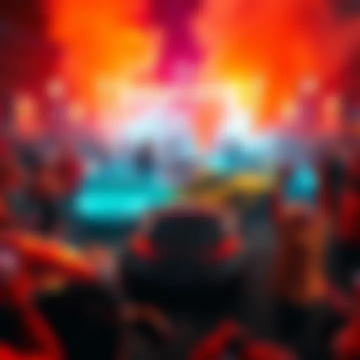 A vibrant scene showcasing cars and people celebrating at the America250 and McLaren collaboration event.