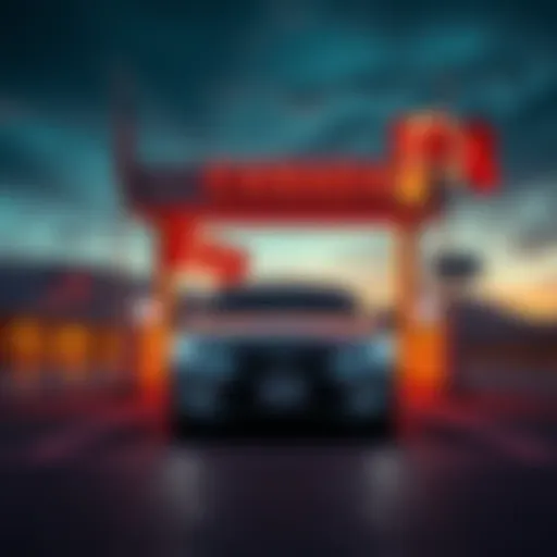An American car parked at a Canadian border checkpoint with flags showing USA and Canada