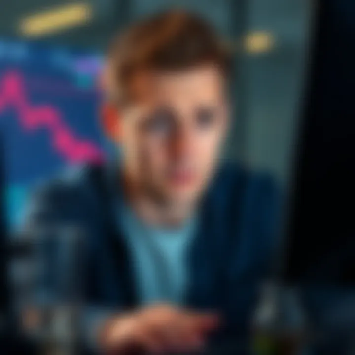 Andrew Tate shows a worried expression while looking at a computer screen displaying a downward trend in Bitcoin's value