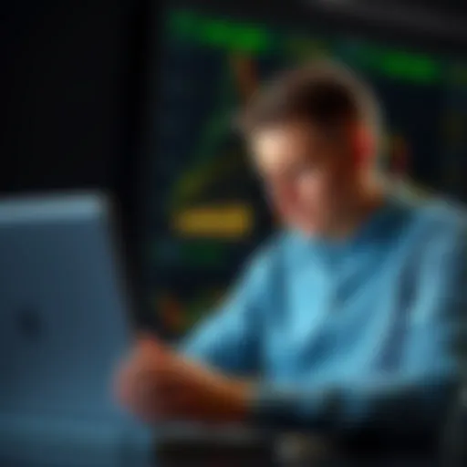 Andrew Tate looking frustrated while checking his crypto trading results on a laptop, showing a downward trend in charts.