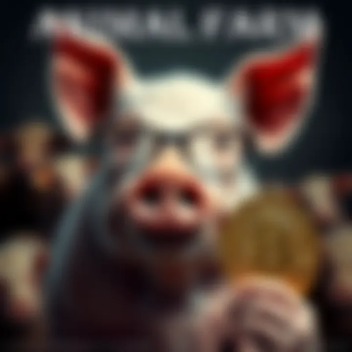 Animal Farm Meets Bitcoin A pig wearing glasses holding a Bitcoin symbol, connecting the themes of governance from Animal Farm with cryptocurrency.