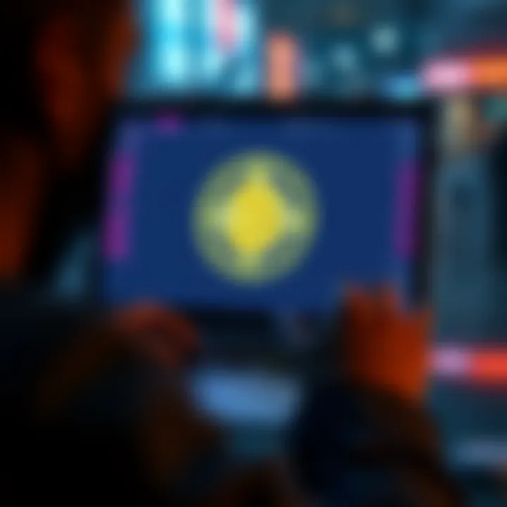 A person using a laptop with a Bitcoin logo on the screen, symbolizing anonymous buying methods.