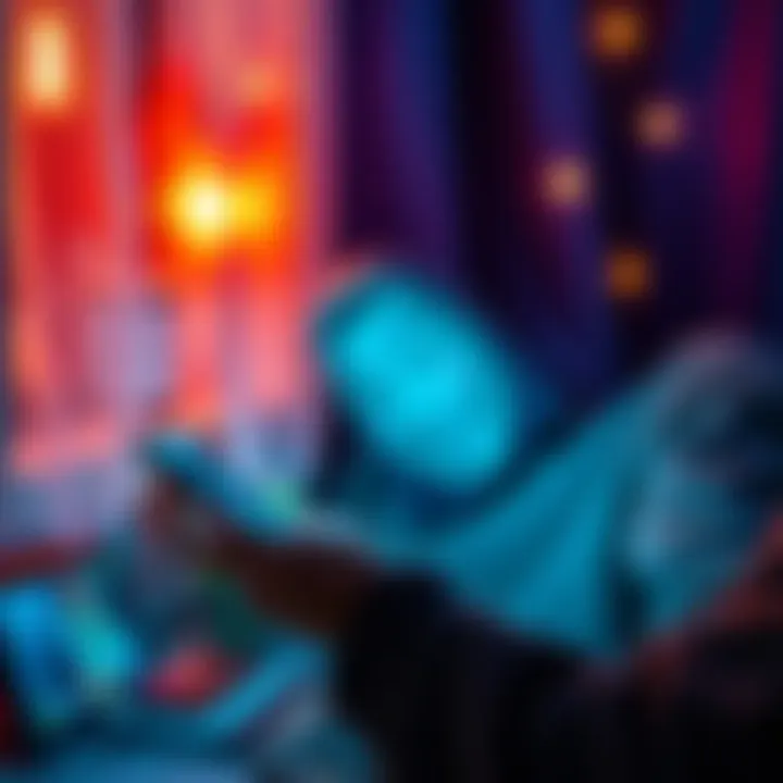 A person using a smartphone in a cozy, private setting to chat anonymously on Nymchat, focused and engaged in conversation.