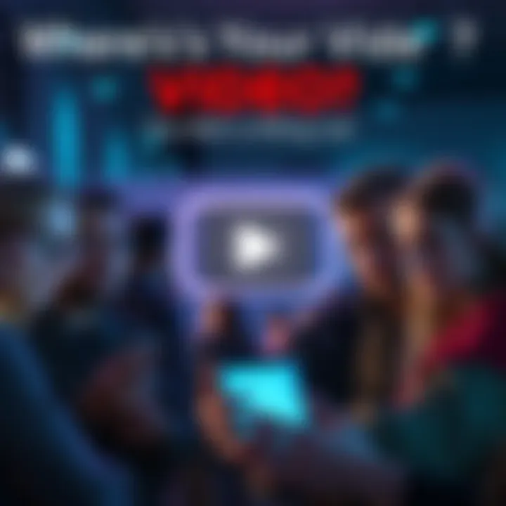 A group of people looking at their phones with expressions of disappointment and waiting, with a video play button graphic in the background.