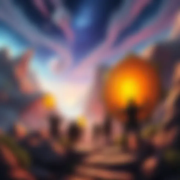 A vibrant digital landscape showing Bitcoin Runestone holders entering the Otherside Metaverse with excitement.