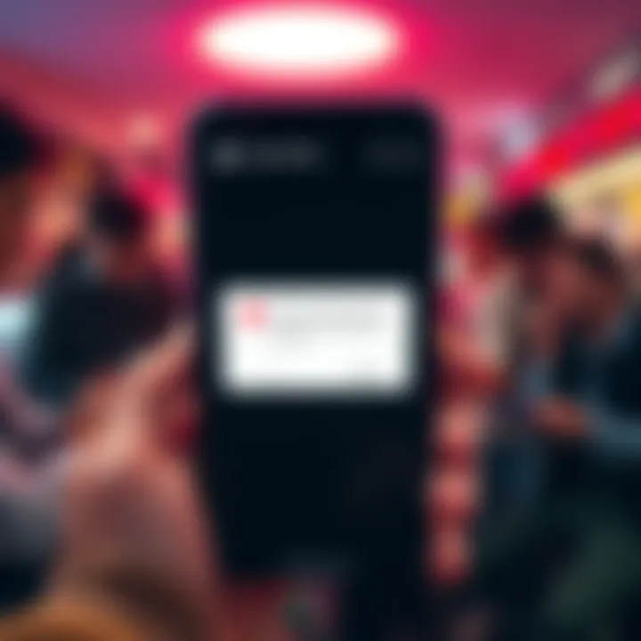 A smartphone displaying an error message from an auction app, while frustrated users are looking on