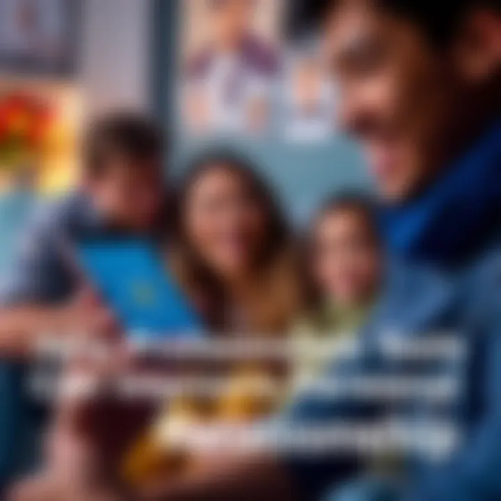 App for Personal Relationships A person holding a smartphone displaying an app for managing personal interactions, smiling with family in the background
