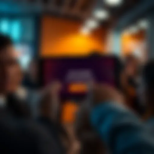 A smartphone screen displaying an error message indicating the app is down. People are shown looking frustrated as they try to access it.