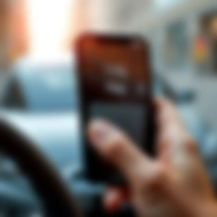 A close-up of a smartphone displaying the Apple Pay interface while a hand holds a credit card next to it, with a car visible in the background.