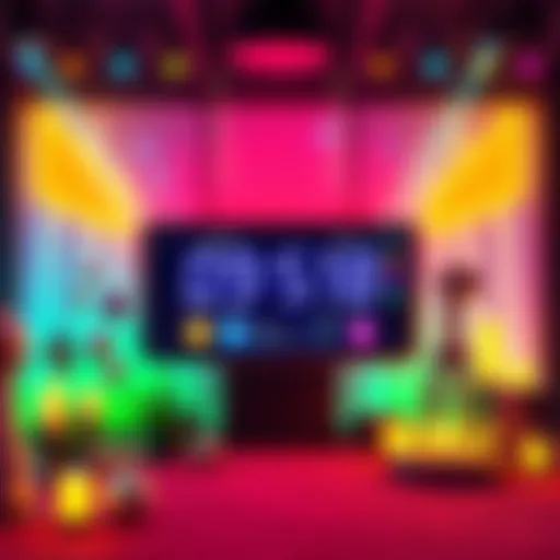 A lively digital scene showcasing a countdown timer for a crypto livestream event with icons representing AI and market trends, as well as prizes and quizzes, all in a festive April Fool's Day theme.