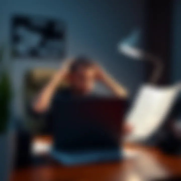 Person frustrated at a desk with a laptop and legal documents related to Bitstamp account issues