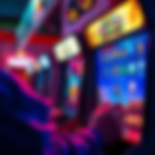 A gamer looking at in-game achievements on a screen in an arcade setting, considering how they relate to overall gaming goals.