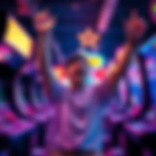 A gamer celebrating after achieving a big goal in an arcade, with a joyful expression and hands raised in victory.