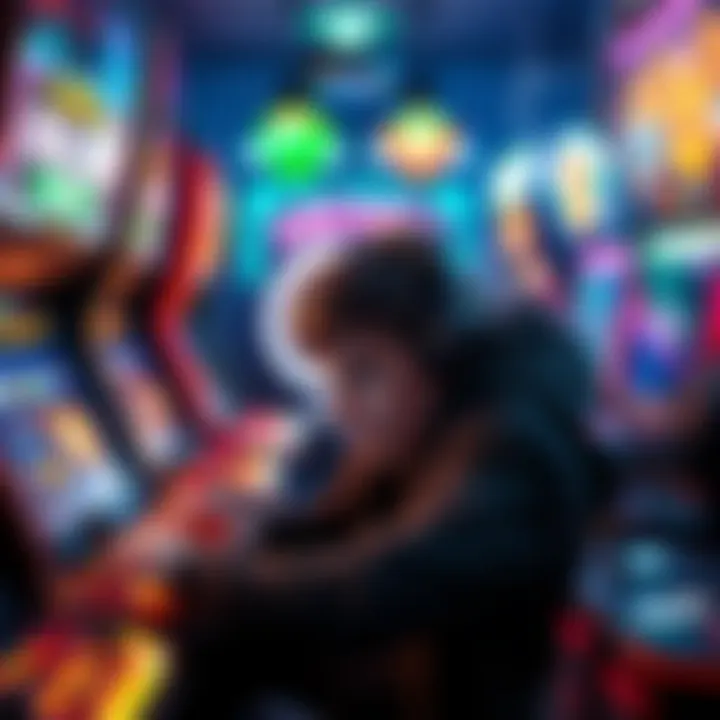 Arcade Game Challenge A gamer focused on completing arcade goals on a challenge ladder, surrounded by game controls and colorful graphics.