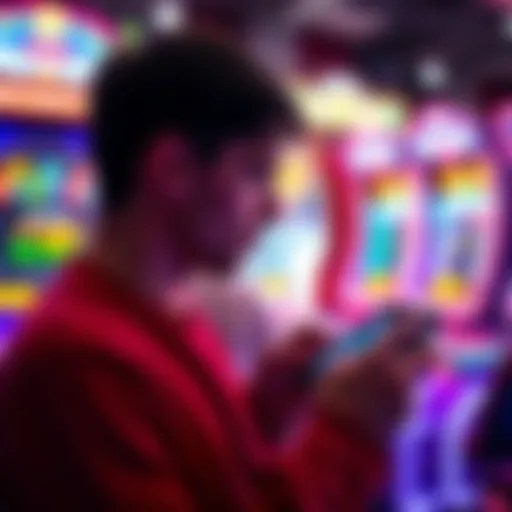 A close-up of a player checking their arcade game balance on a smartphone, with vibrant arcade machines in the background.