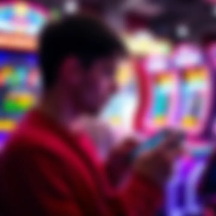 A close-up of a player checking their arcade game balance on a smartphone, with vibrant arcade machines in the background.