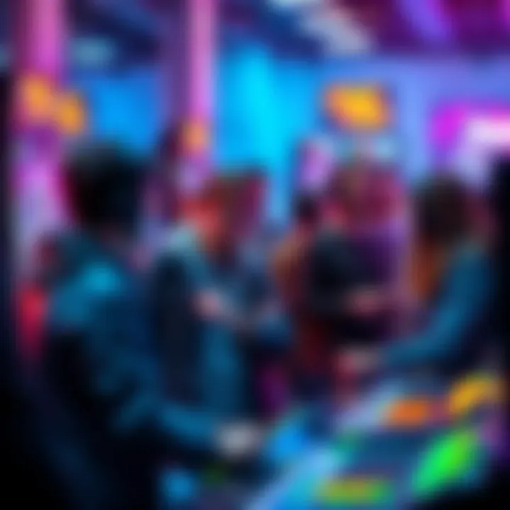 Group of arcade gamers sharing their experiences about unpaid achievements at a gaming event
