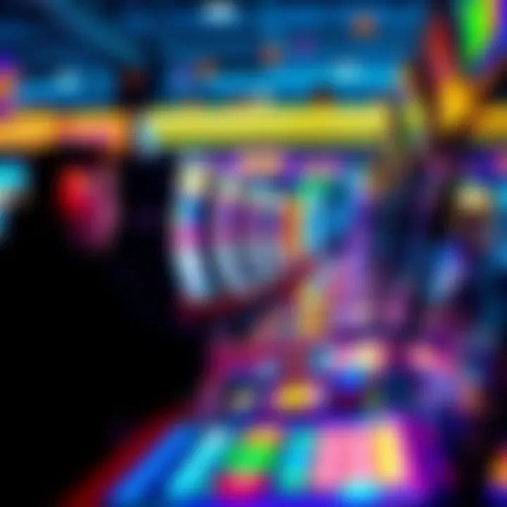 A gamer playing an arcade game with a focus on high payout options, displaying colorful screens and coins in sight.