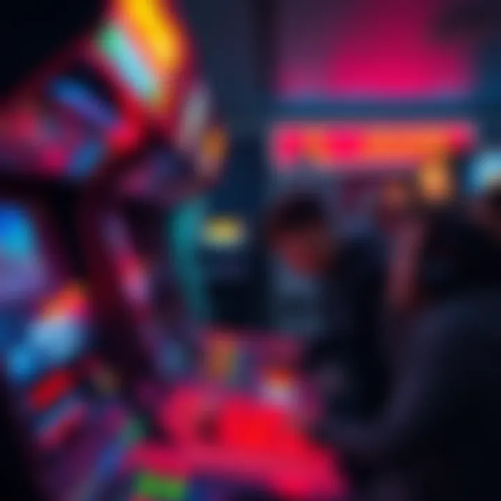 A row of arcade machines displaying error messages, signaling they are non-functional, with players looking on in disappointment.