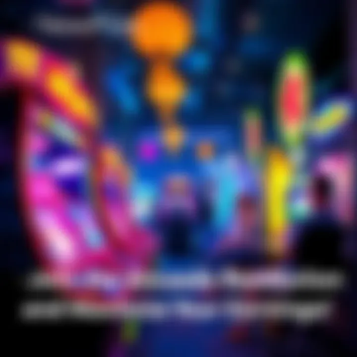 Colorful arcade machines with players enjoying games and winning prizes