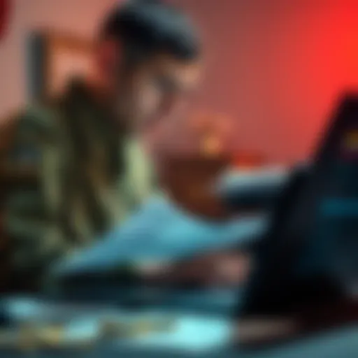 An Army soldier reviewing classified documents related to Venezuelan President Maduro while looking at a betting platform on a laptop, symbolizing the misuse of intelligence for gambling profits.