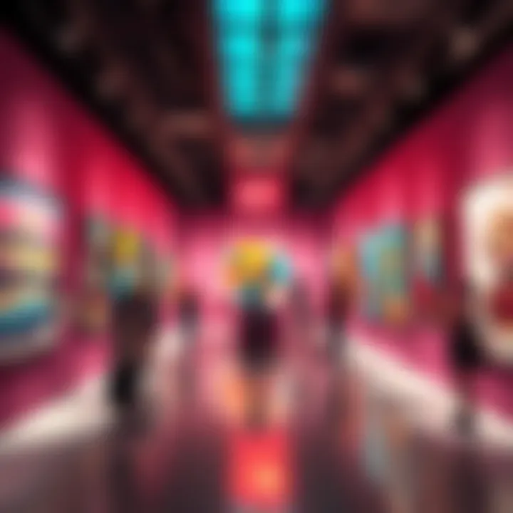 A vibrant art exhibit featuring a variety of unique artworks displayed on the walls, showcasing creativity and expression, with people admiring the pieces