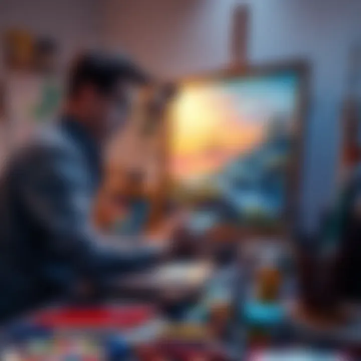 Artist converting painting to NFT An artist working on a digital tablet, transforming a physical painting into a digital NFT version, surrounded by art supplies.