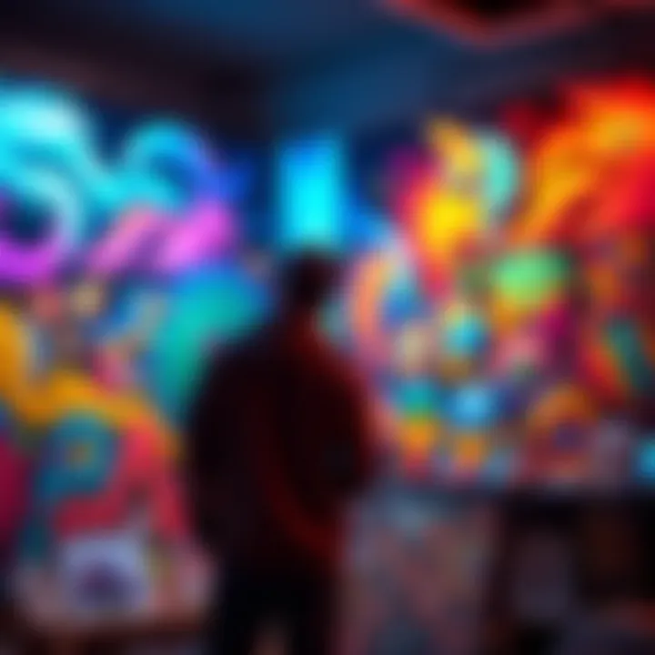 An artist stands beside their colorful digital artwork, contemplating ideas to grow their coin community in the crypto space.