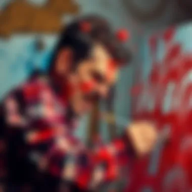 Artist expressing frustration through painting An artist intensely painting on a canvas, showing raw emotion and anger in their strokes, surrounded by splatters of paint, symbolizing frustration and creativity