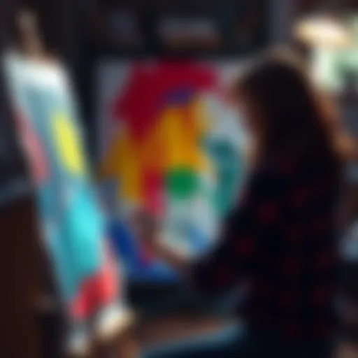 An artist painting on a canvas with vibrant colors, showing enthusiasm and focus in their home studio.