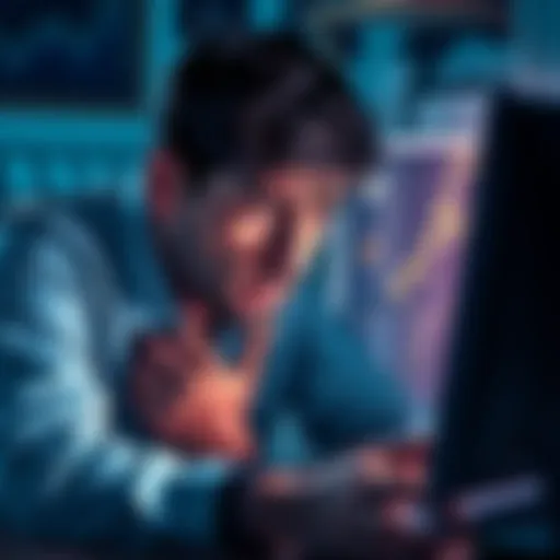 A distressed artist looking at a computer screen with a cryptocurrency wallet, feeling frustrated and hopeless about stolen funds.