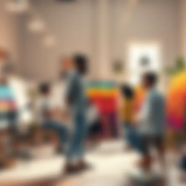 A group of content creators discussing their artwork in a bright studio, surrounded by canvas and art supplies.