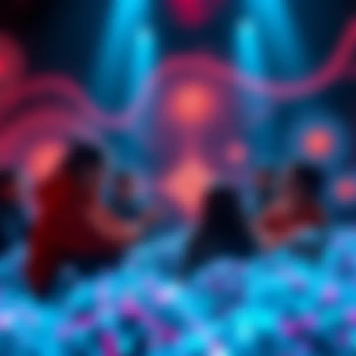 A group of artists collaborating on digital art projects using the Tezos platform, surrounded by vibrant generative art pieces