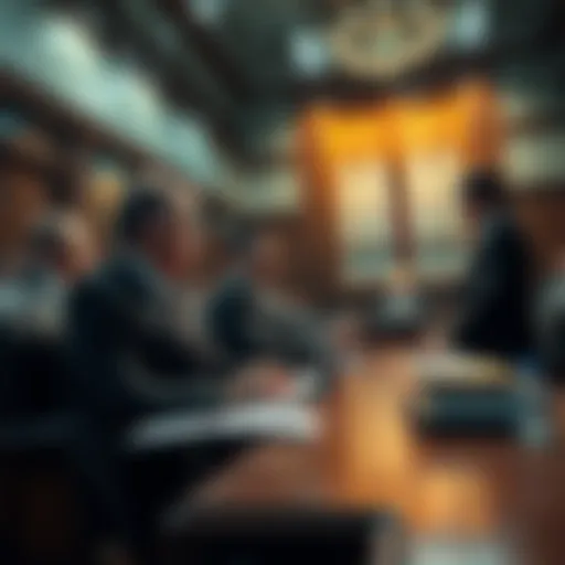 A courtroom scene with lawyers discussing a case, representing the ASI Alliance's legal battle against OCEAN Protocol for token theft.