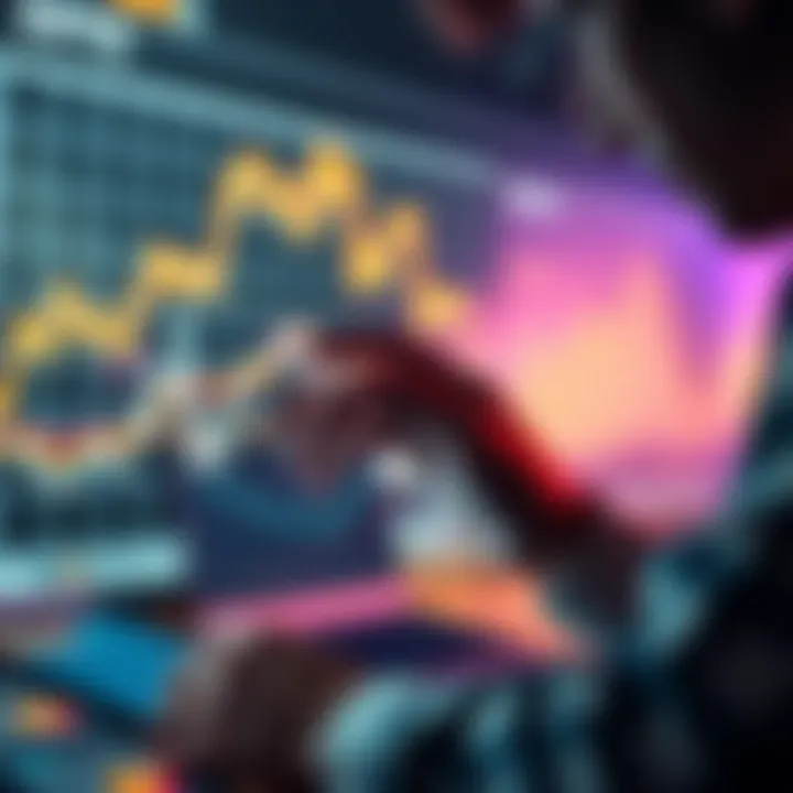 A person analyzing Bitcoin loan options on a digital device with a graph showing APYs in the background